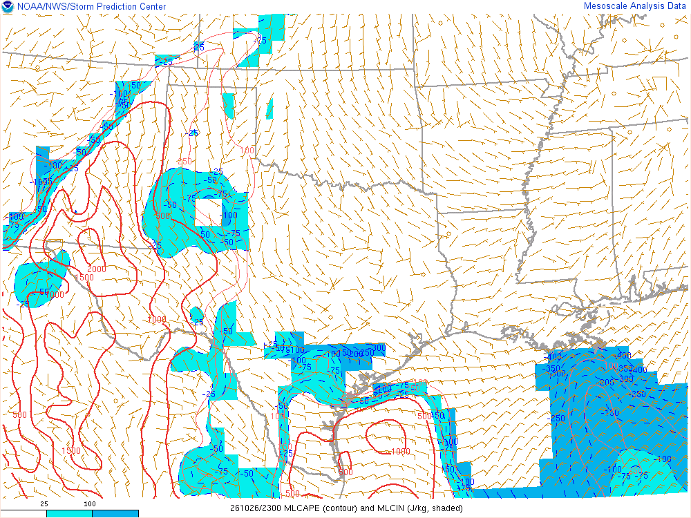 SPC mesoanalysis map, Mixed-layer CAPE and CIN, Southern Plains region, analysis for 23Z. Its key and units are in SPC’s picture; what it shows is described beside it.