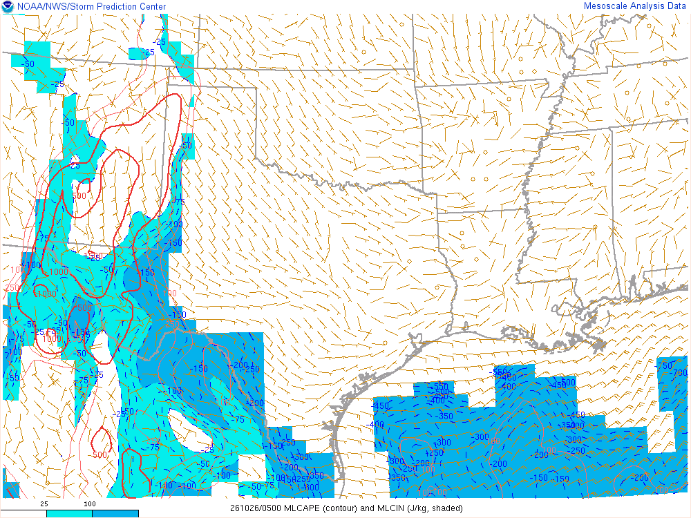 SPC mesoanalysis map, Mixed-layer CAPE and CIN, Southern Plains region, analysis for 05Z. Its key and units are in SPC’s picture; what it shows is described beside it.