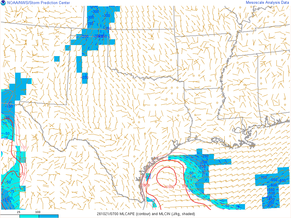 SPC mesoanalysis map, Mixed-layer CAPE and CIN, Southern Plains region, analysis for 07Z. Its key and units are in SPC’s picture; what it shows is described beside it.