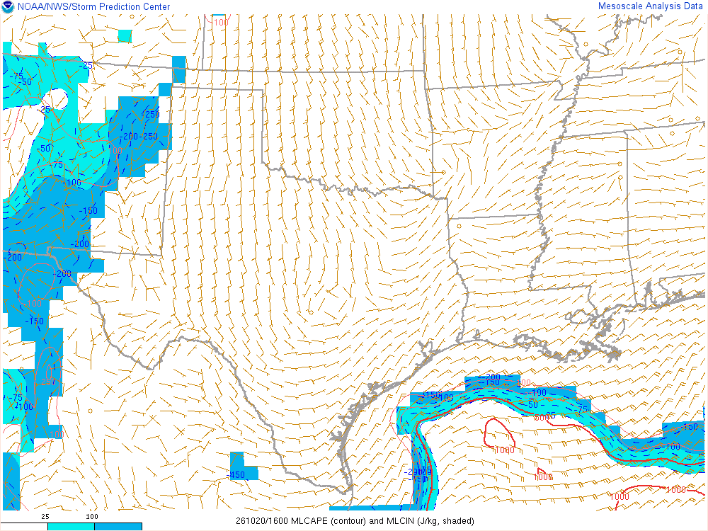 SPC mesoanalysis map, Mixed-layer CAPE and CIN, Southern Plains region, analysis for 16Z. Its key and units are in SPC’s picture; what it shows is described beside it.