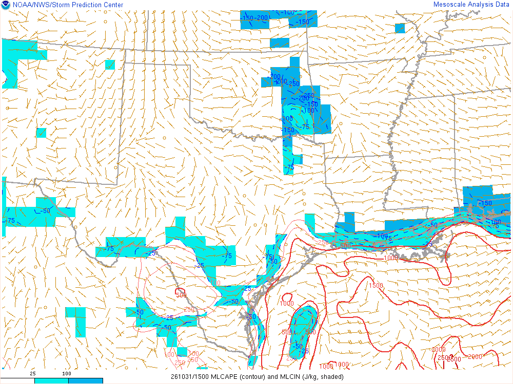 SPC mesoanalysis map, Mixed-layer CAPE and CIN, Southern Plains region, analysis for 15Z. Its key and units are in SPC’s picture; what it shows is described beside it.
