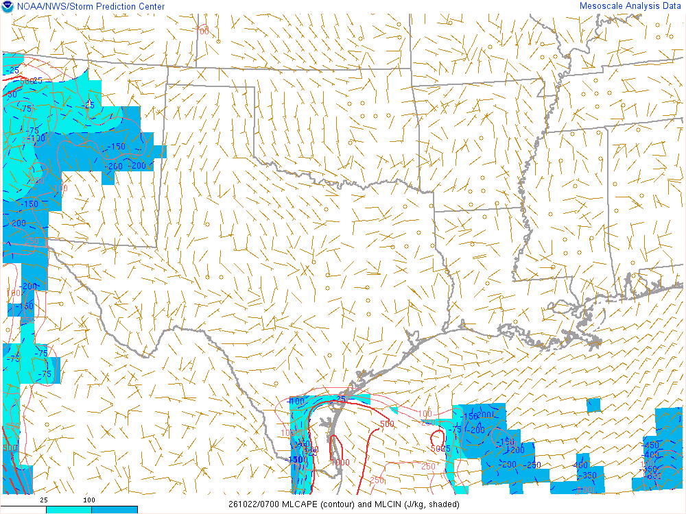 SPC mesoanalysis map, Mixed-layer CAPE and CIN, Southern Plains region, analysis for 07Z. Its key and units are in SPC’s picture; what it shows is described beside it.