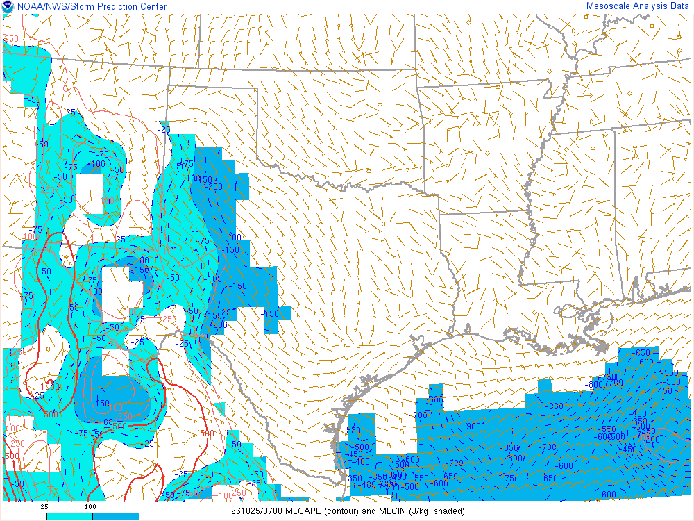 SPC mesoanalysis map, Mixed-layer CAPE and CIN, Southern Plains region, analysis for 07Z. Its key and units are in SPC’s picture; what it shows is described beside it.
