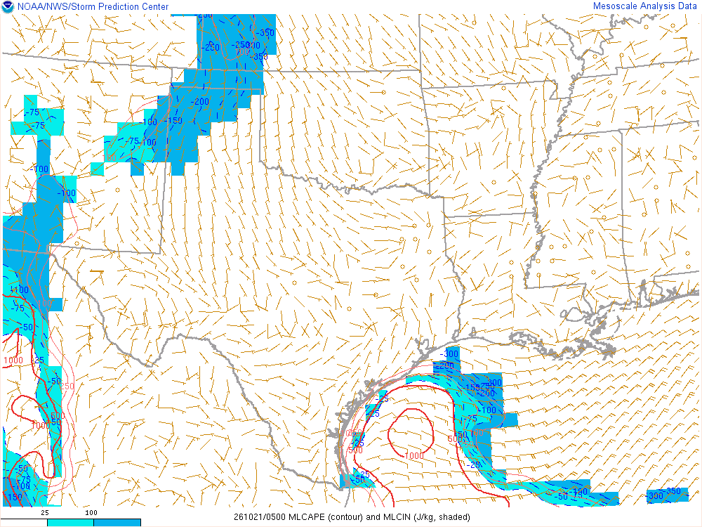 SPC mesoanalysis map, Mixed-layer CAPE and CIN, Southern Plains region, analysis for 05Z. Its key and units are in SPC’s picture; what it shows is described beside it.