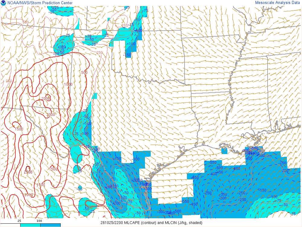 SPC mesoanalysis map, Mixed-layer CAPE and CIN, Southern Plains region, analysis for 22Z. Its key and units are in SPC’s picture; what it shows is described beside it.