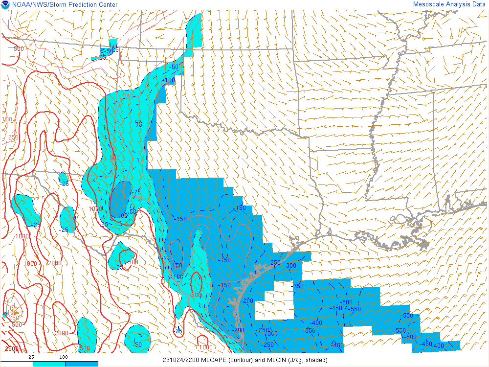 SPC mesoanalysis map, Mixed-layer CAPE and CIN, Southern Plains region, analysis for 22Z. Its key and units are in SPC’s picture; what it shows is described beside it.