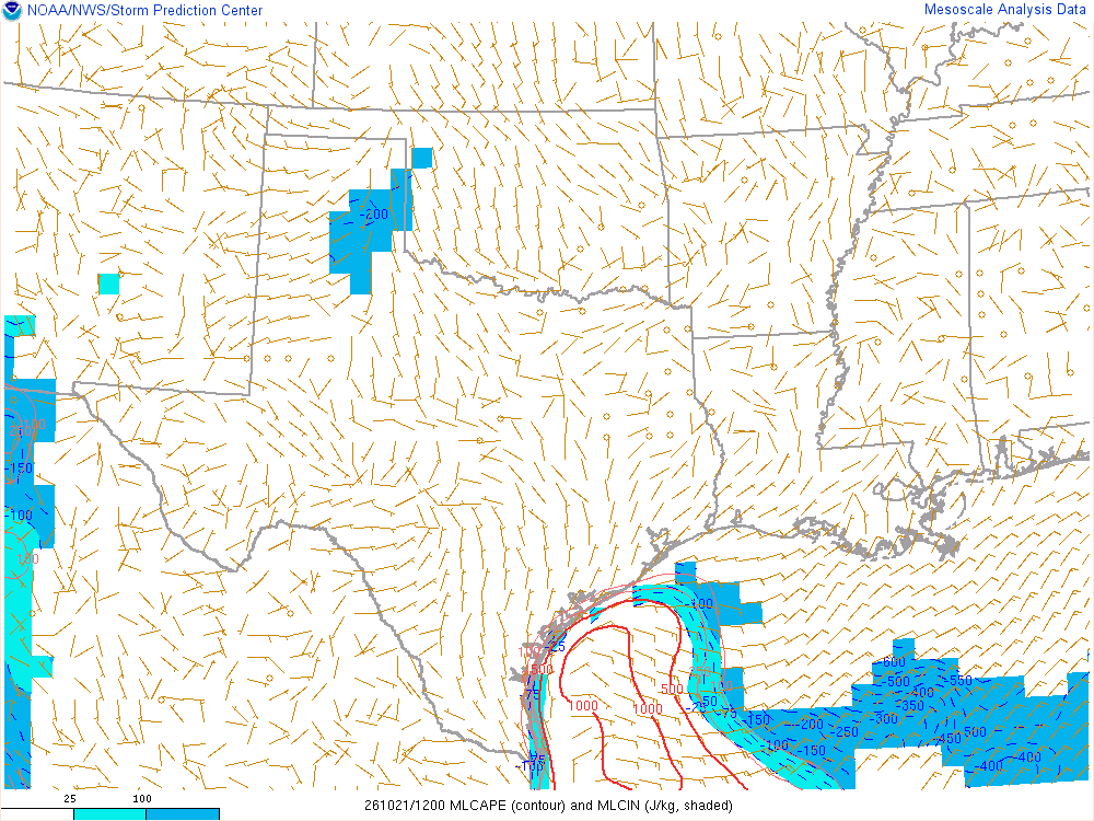 SPC mesoanalysis map, Mixed-layer CAPE and CIN, Southern Plains region, analysis for 12Z. Its key and units are in SPC’s picture; what it shows is described beside it.