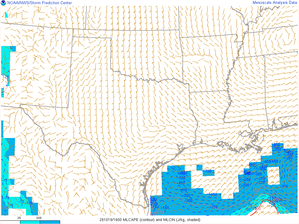 SPC mesoanalysis map, Mixed-layer CAPE and CIN, Southern Plains region, analysis for 16Z. Its key and units are in SPC’s picture; what it shows is described beside it.