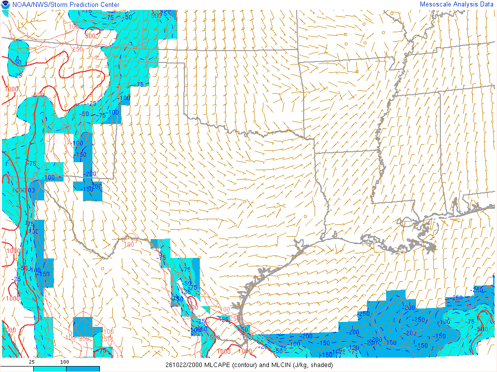 SPC mesoanalysis map, Mixed-layer CAPE and CIN, Southern Plains region, analysis for 20Z. Its key and units are in SPC’s picture; what it shows is described beside it.