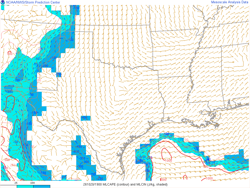 SPC mesoanalysis map, Mixed-layer CAPE and CIN, Southern Plains region, analysis for 19Z. Its key and units are in SPC’s picture; what it shows is described beside it.