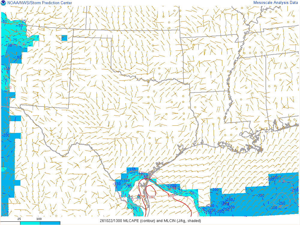 SPC mesoanalysis map, Mixed-layer CAPE and CIN, Southern Plains region, analysis for 13Z. Its key and units are in SPC’s picture; what it shows is described beside it.