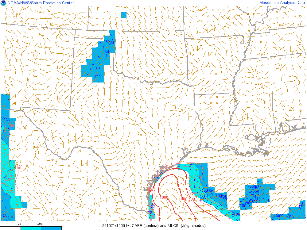 SPC mesoanalysis map, Mixed-layer CAPE and CIN, Southern Plains region, analysis for 10Z. Its key and units are in SPC’s picture; what it shows is described beside it.