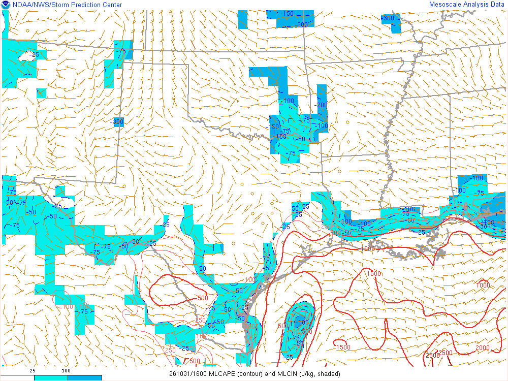 SPC mesoanalysis map, Mixed-layer CAPE and CIN, Southern Plains region, analysis for 16Z. Its key and units are in SPC’s picture; what it shows is described beside it.