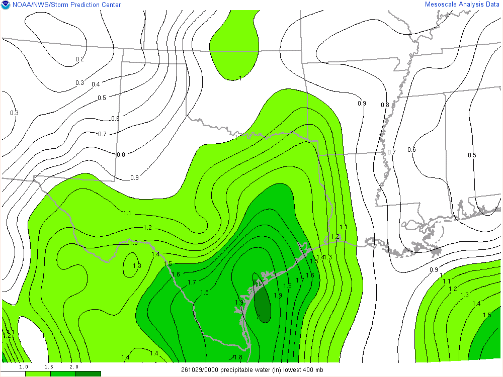 SPC mesoanalysis map, Precipitable water, Southern Plains region, analysis for 00Z. Its key and units are in SPC’s picture; what it shows is described beside it.