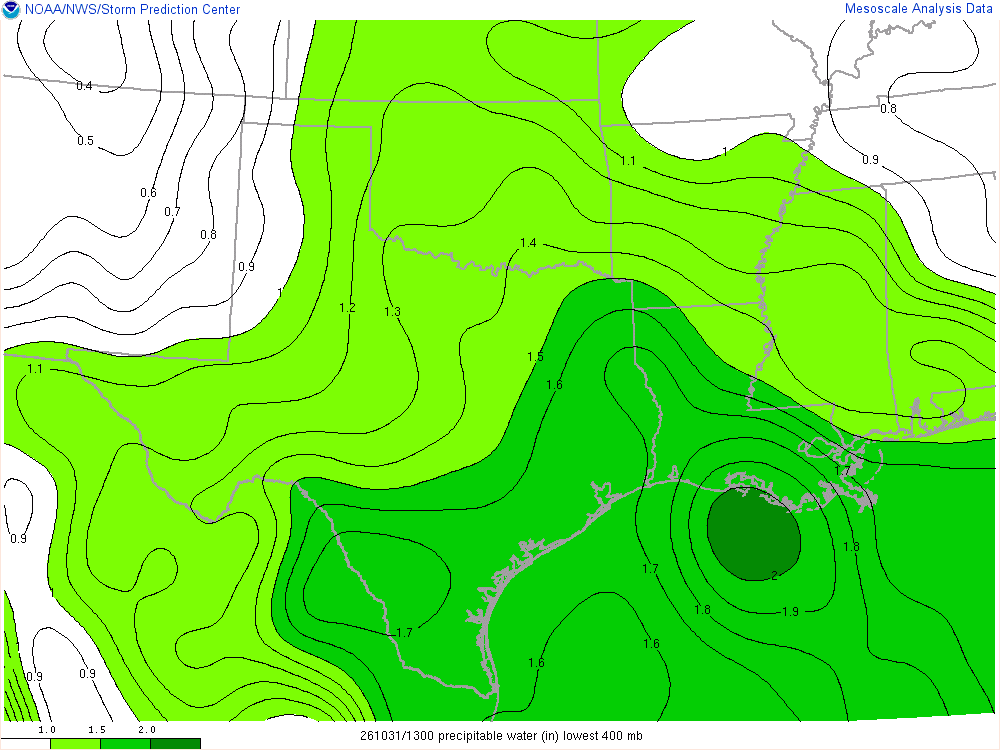 SPC mesoanalysis map, Precipitable water, Southern Plains region, analysis for 13Z. Its key and units are in SPC’s picture; what it shows is described beside it.