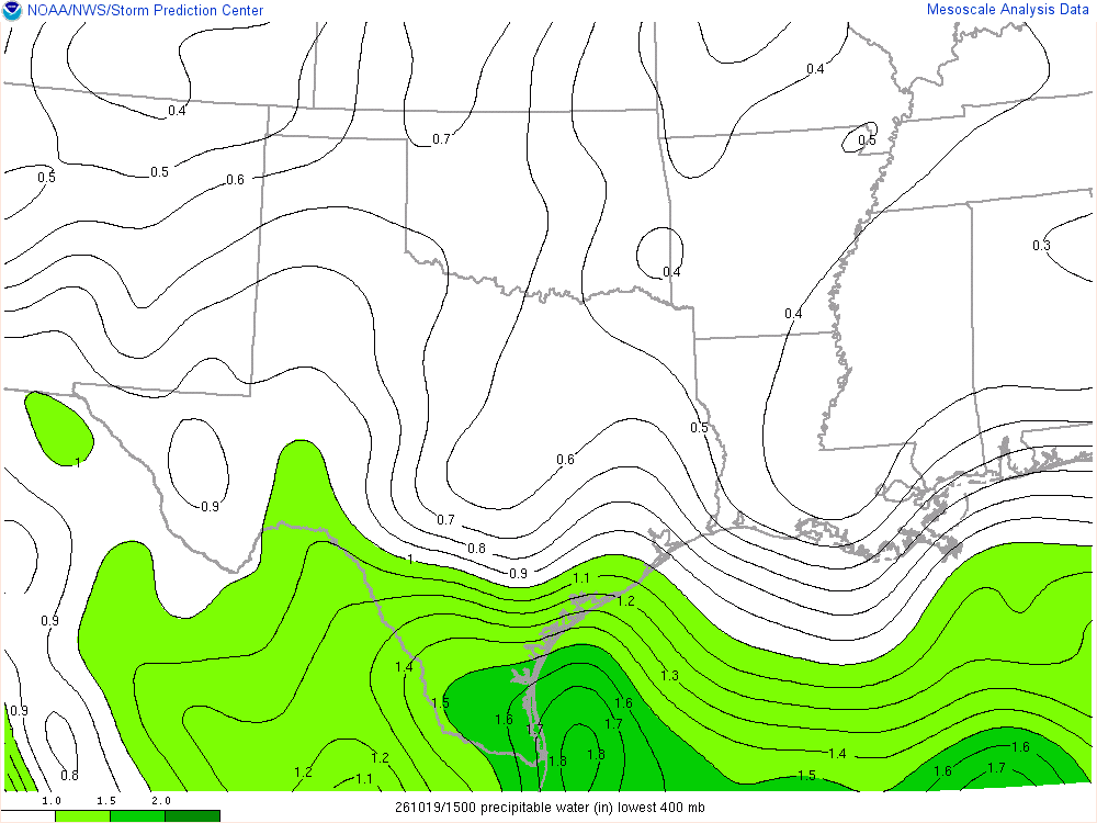 SPC mesoanalysis map, Precipitable water, Southern Plains region, analysis for 15Z. Its key and units are in SPC’s picture; what it shows is described beside it.