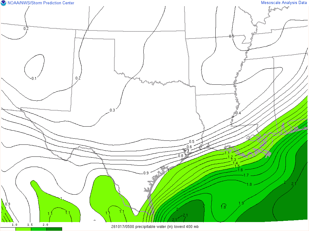 SPC mesoanalysis map, Precipitable water, Southern Plains region, analysis for 05Z. Its key and units are in SPC’s picture; what it shows is described beside it.