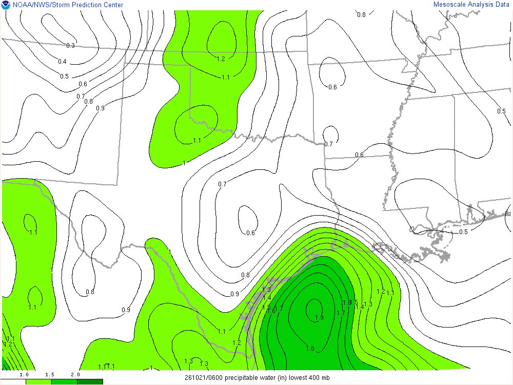 SPC mesoanalysis map, Precipitable water, Southern Plains region, analysis for 06Z. Its key and units are in SPC’s picture; what it shows is described beside it.
