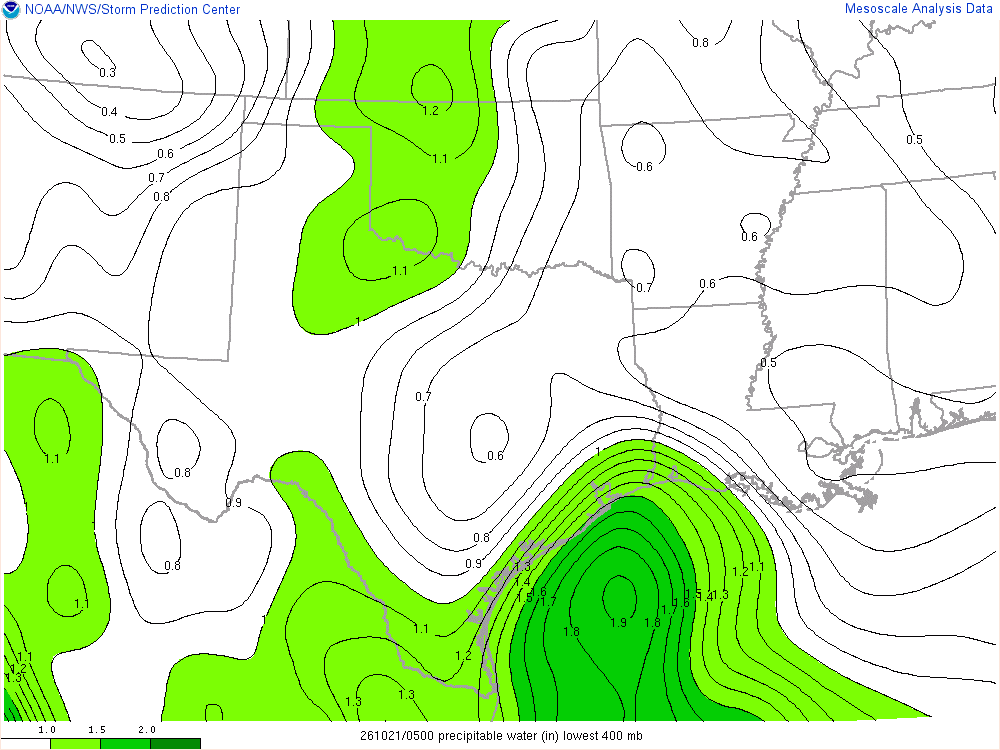 SPC mesoanalysis map, Precipitable water, Southern Plains region, analysis for 05Z. Its key and units are in SPC’s picture; what it shows is described beside it.