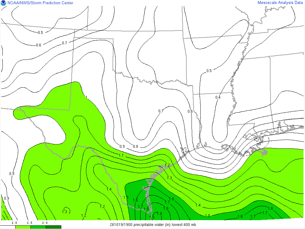 SPC mesoanalysis map, Precipitable water, Southern Plains region, analysis for 19Z. Its key and units are in SPC’s picture; what it shows is described beside it.
