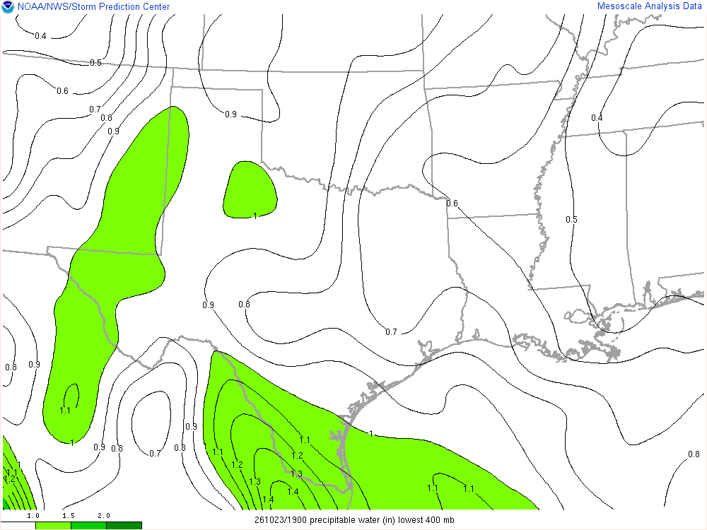 SPC mesoanalysis map, Precipitable water, Southern Plains region, analysis for 19Z. Its key and units are in SPC’s picture; what it shows is described beside it.
