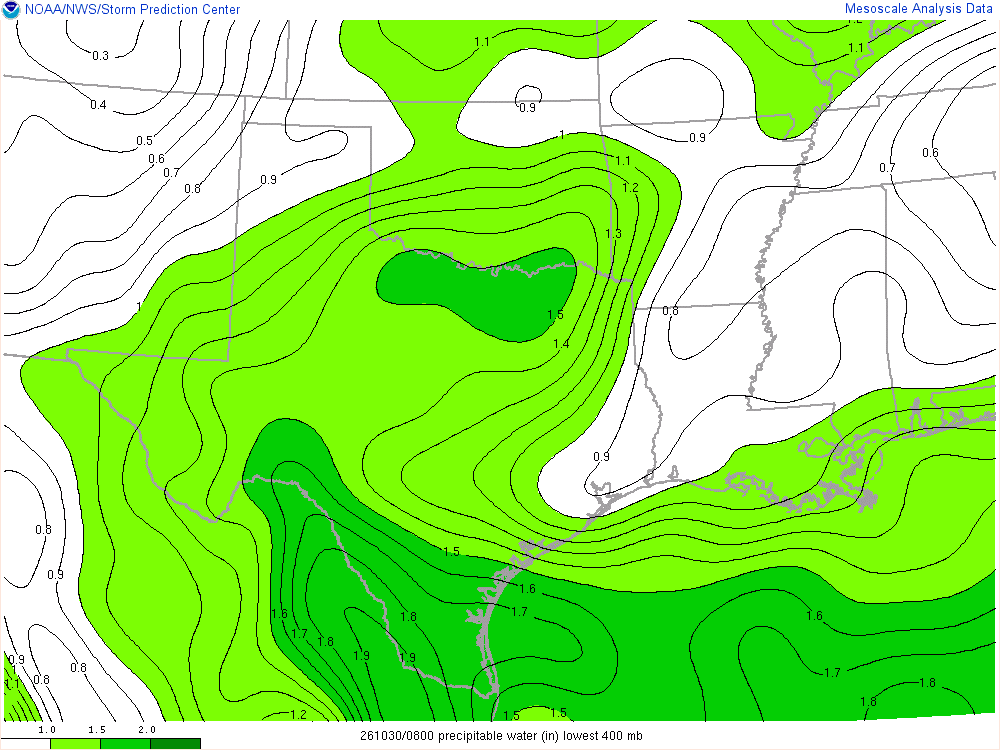 SPC mesoanalysis map, Precipitable water, Southern Plains region, analysis for 08Z. Its key and units are in SPC’s picture; what it shows is described beside it.