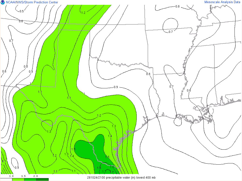 SPC mesoanalysis map, Precipitable water, Southern Plains region, analysis for 21Z. Its key and units are in SPC’s picture; what it shows is described beside it.