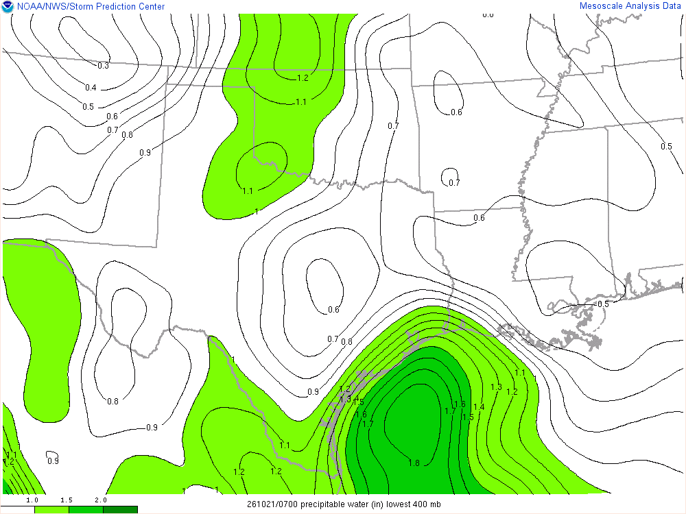 SPC mesoanalysis map, Precipitable water, Southern Plains region, analysis for 07Z. Its key and units are in SPC’s picture; what it shows is described beside it.