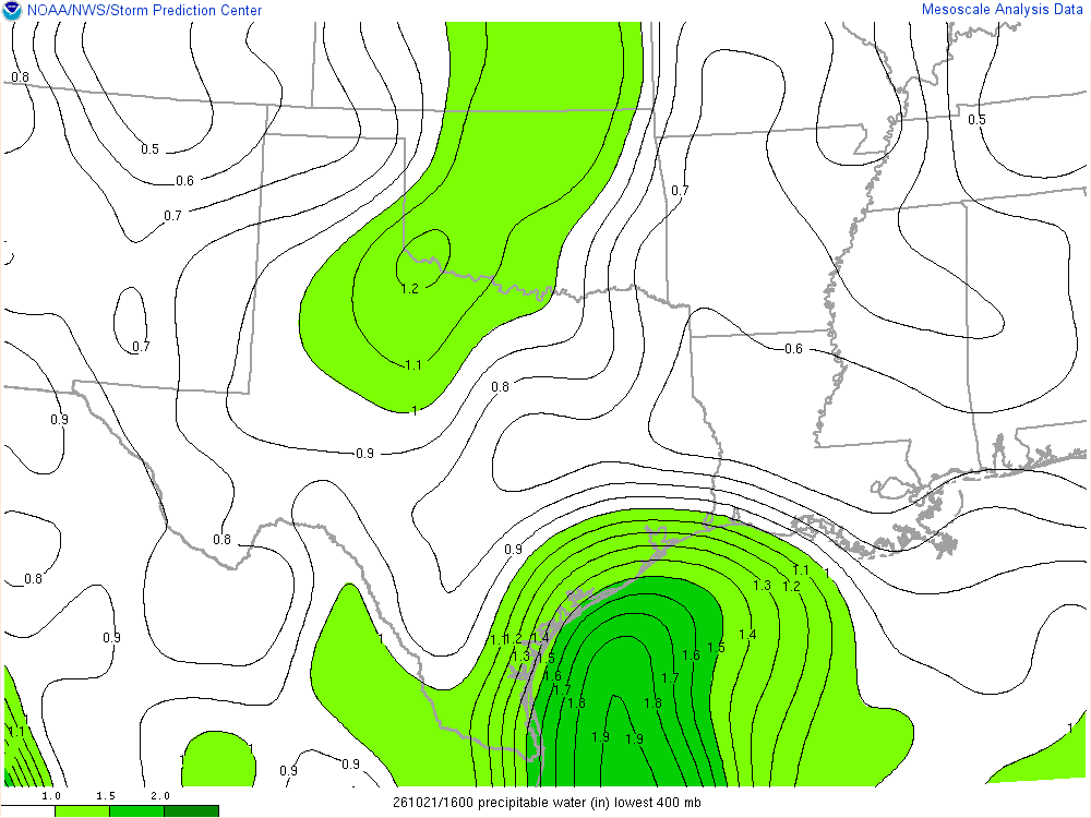 SPC mesoanalysis map, Precipitable water, Southern Plains region, analysis for 16Z. Its key and units are in SPC’s picture; what it shows is described beside it.