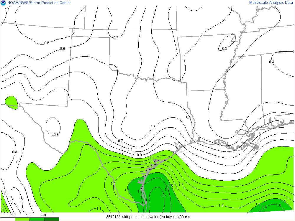 SPC mesoanalysis map, Precipitable water, Southern Plains region, analysis for 14Z. Its key and units are in SPC’s picture; what it shows is described beside it.