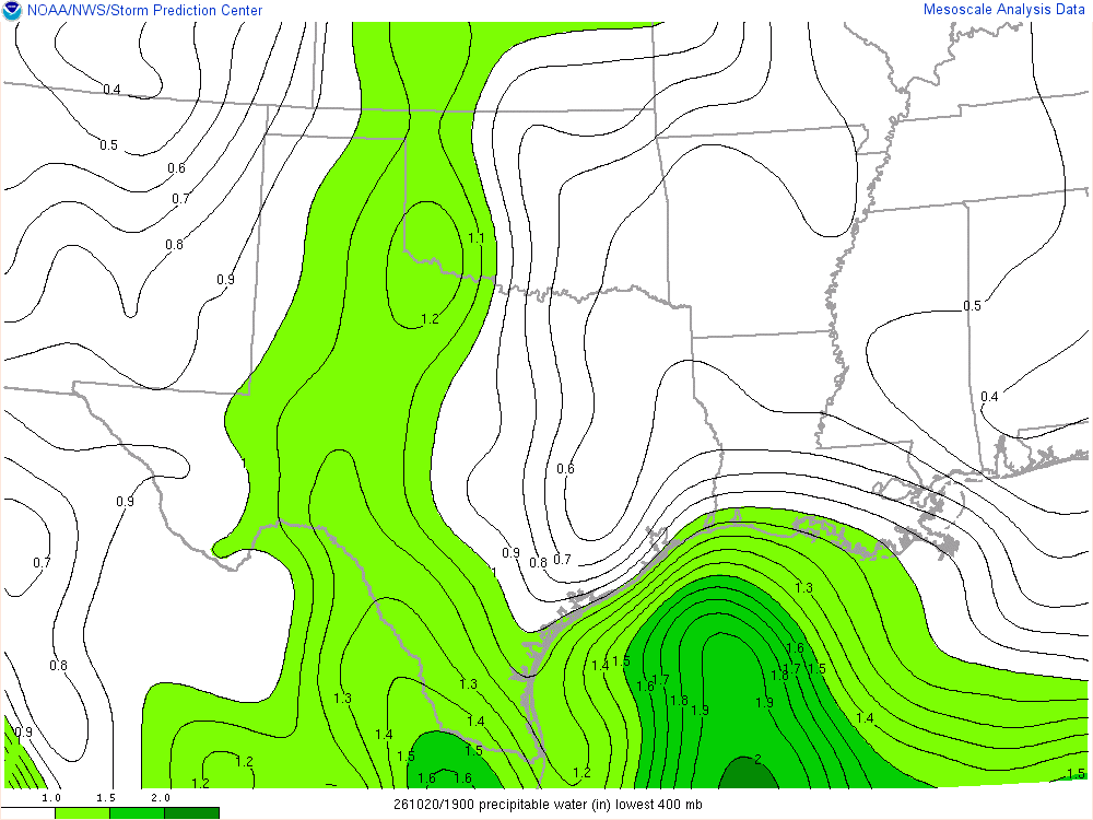 SPC mesoanalysis map, Precipitable water, Southern Plains region, analysis for 19Z. Its key and units are in SPC’s picture; what it shows is described beside it.