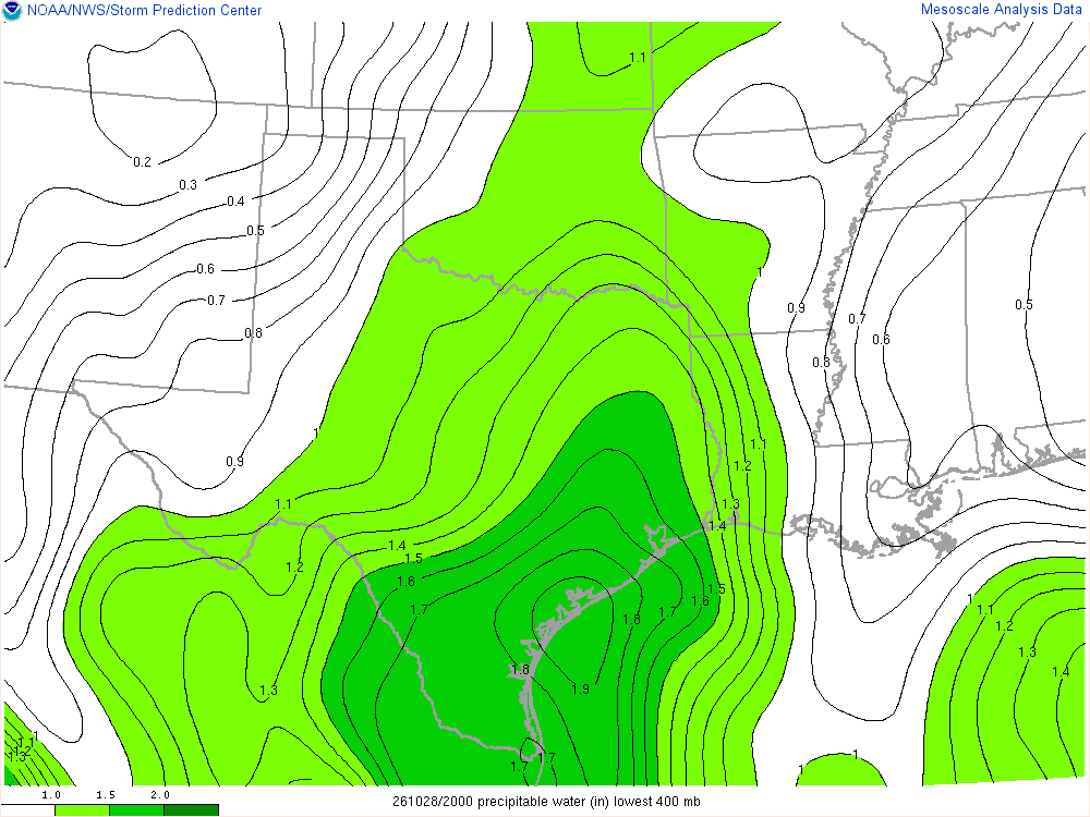 SPC mesoanalysis map, Precipitable water, Southern Plains region, analysis for 20Z. Its key and units are in SPC’s picture; what it shows is described beside it.