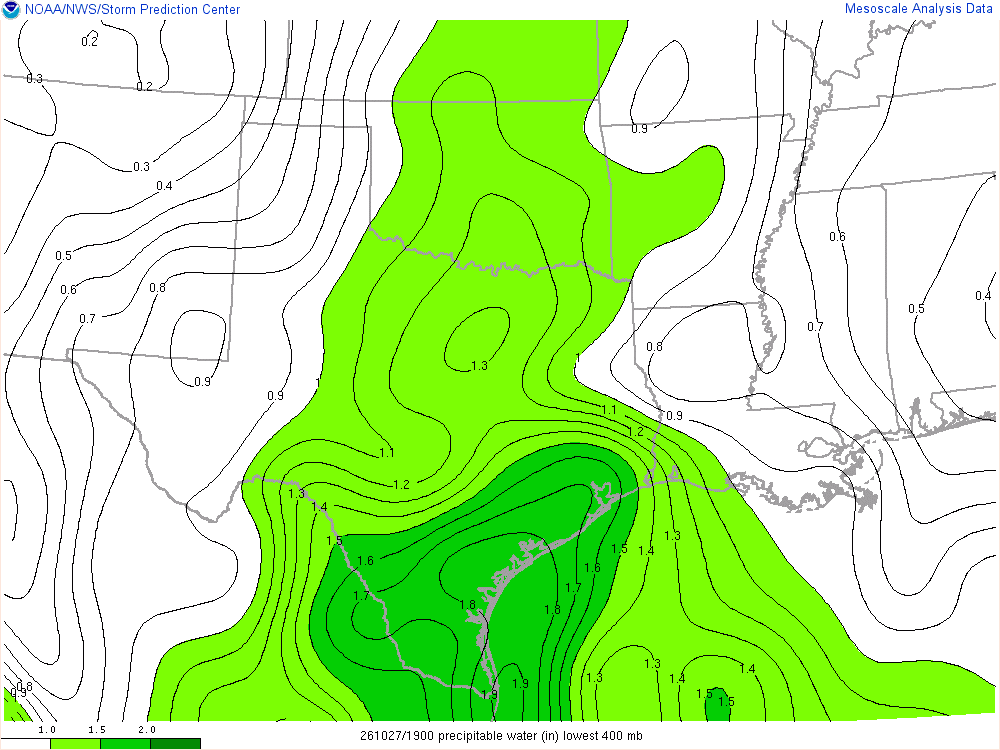 SPC mesoanalysis map, Precipitable water, Southern Plains region, analysis for 19Z. Its key and units are in SPC’s picture; what it shows is described beside it.