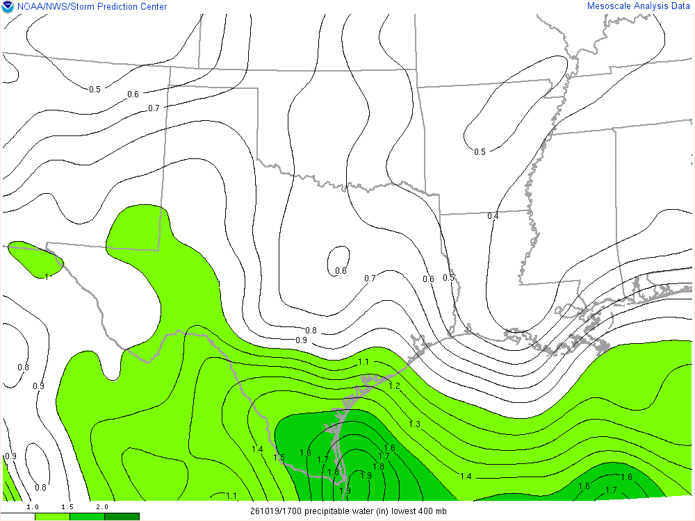 SPC mesoanalysis map, Precipitable water, Southern Plains region, analysis for 17Z. Its key and units are in SPC’s picture; what it shows is described beside it.