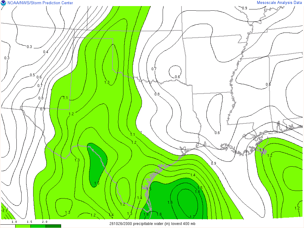 SPC mesoanalysis map, Precipitable water, Southern Plains region, analysis for 20Z. Its key and units are in SPC’s picture; what it shows is described beside it.