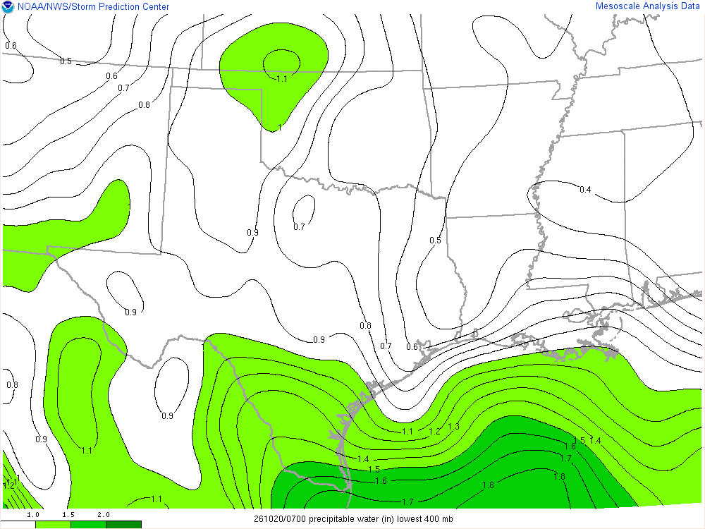 SPC mesoanalysis map, Precipitable water, Southern Plains region, analysis for 07Z. Its key and units are in SPC’s picture; what it shows is described beside it.