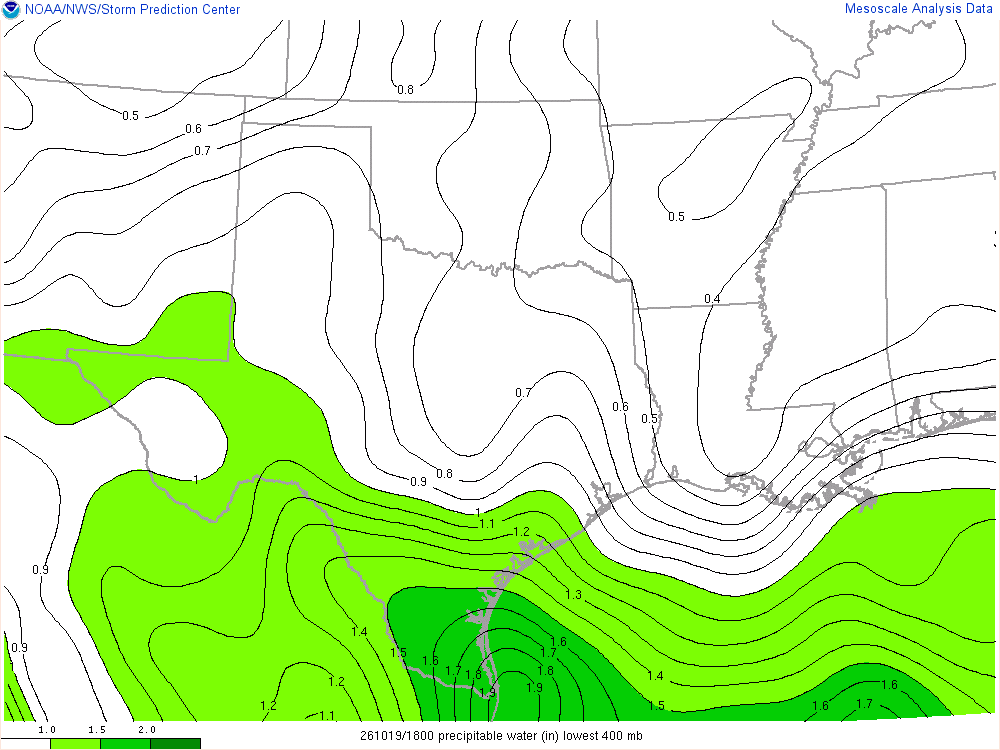 SPC mesoanalysis map, Precipitable water, Southern Plains region, analysis for 18Z. Its key and units are in SPC’s picture; what it shows is described beside it.