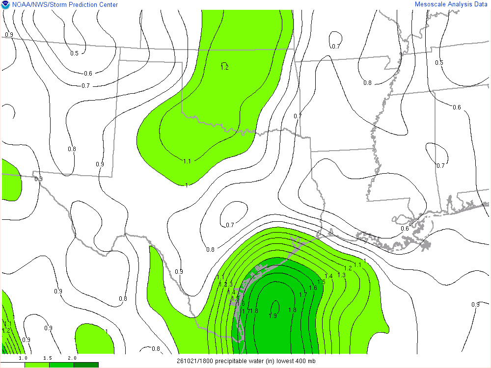 SPC mesoanalysis map, Precipitable water, Southern Plains region, analysis for 18Z. Its key and units are in SPC’s picture; what it shows is described beside it.