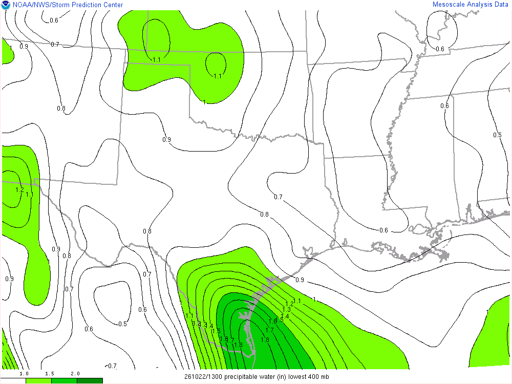 SPC mesoanalysis map, Precipitable water, Southern Plains region, analysis for 13Z. Its key and units are in SPC’s picture; what it shows is described beside it.