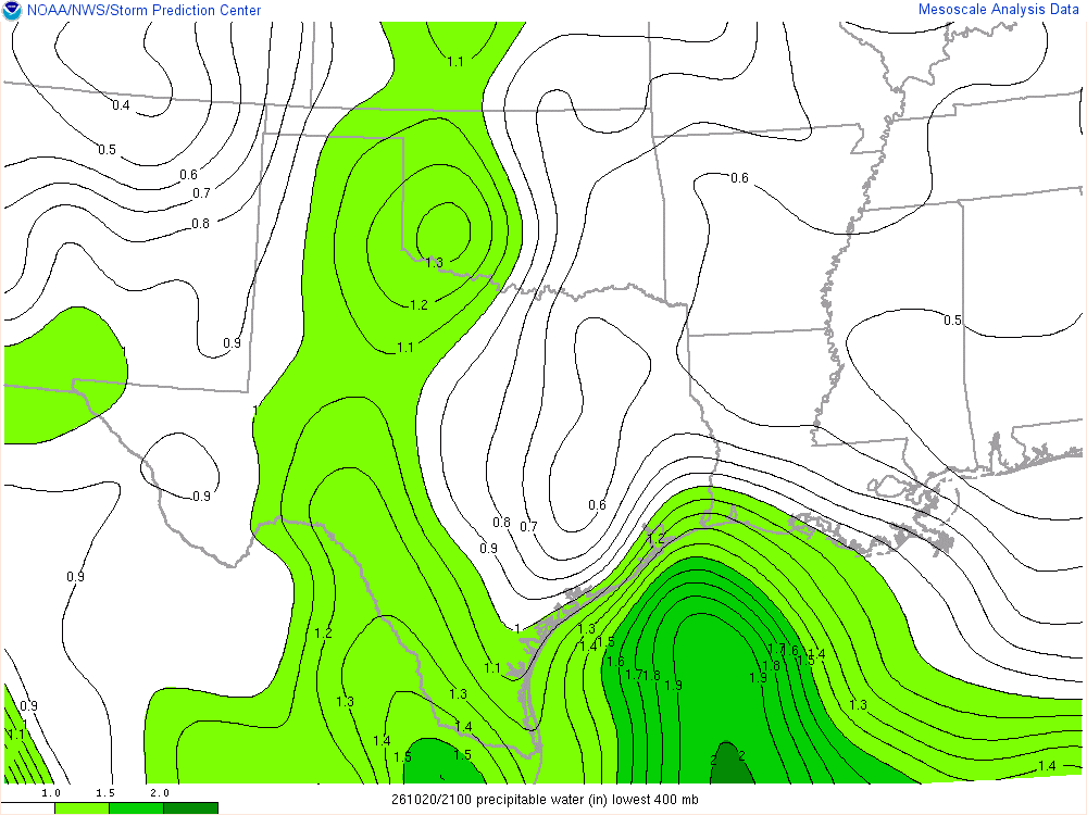 SPC mesoanalysis map, Precipitable water, Southern Plains region, analysis for 21Z. Its key and units are in SPC’s picture; what it shows is described beside it.