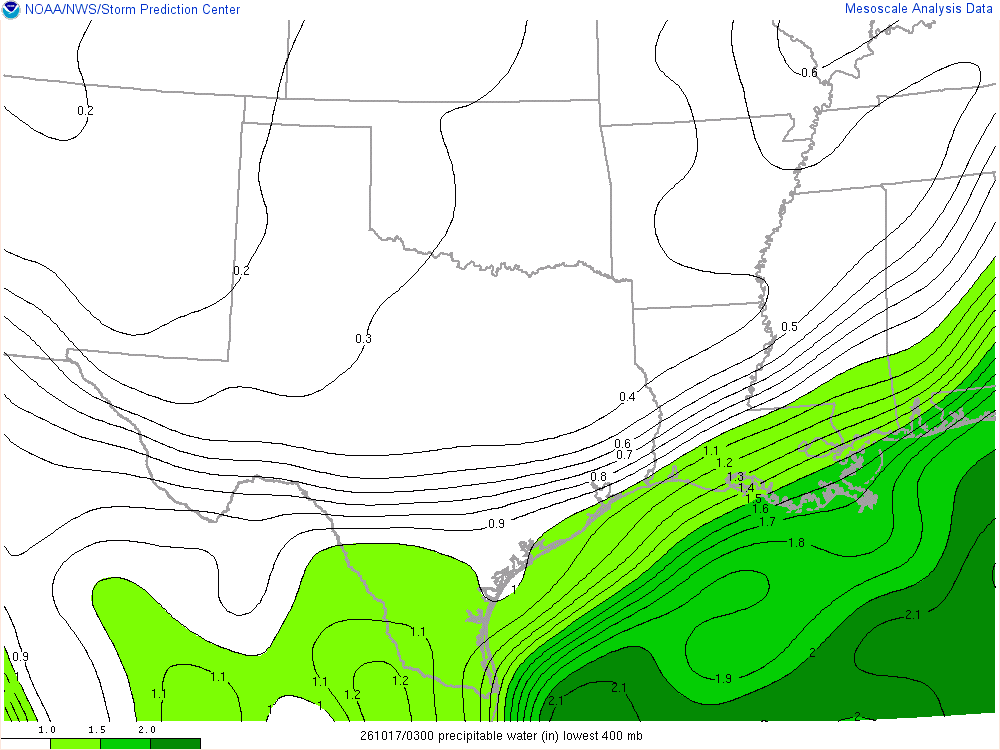 SPC mesoanalysis map, Precipitable water, Southern Plains region, analysis for 03Z. Its key and units are in SPC’s picture; what it shows is described beside it.
