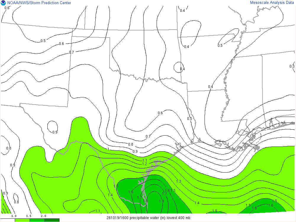 SPC mesoanalysis map, Precipitable water, Southern Plains region, analysis for 16Z. Its key and units are in SPC’s picture; what it shows is described beside it.
