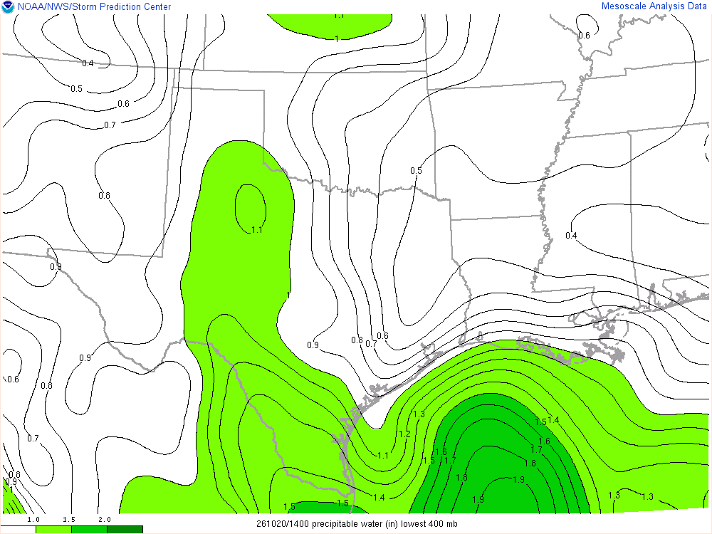 SPC mesoanalysis map, Precipitable water, Southern Plains region, analysis for 14Z. Its key and units are in SPC’s picture; what it shows is described beside it.