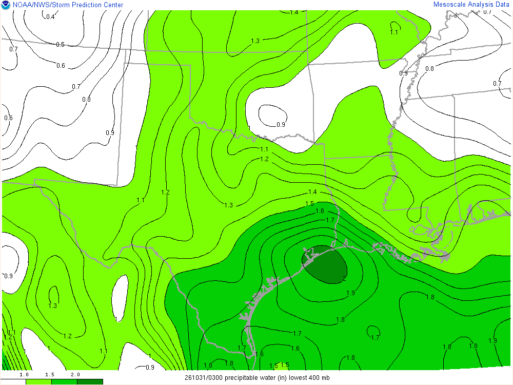 SPC mesoanalysis map, Precipitable water, Southern Plains region, analysis for 03Z. Its key and units are in SPC’s picture; what it shows is described beside it.