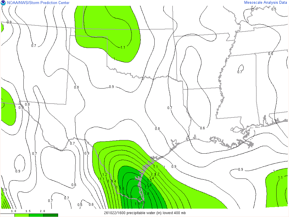 SPC mesoanalysis map, Precipitable water, Southern Plains region, analysis for 16Z. Its key and units are in SPC’s picture; what it shows is described beside it.