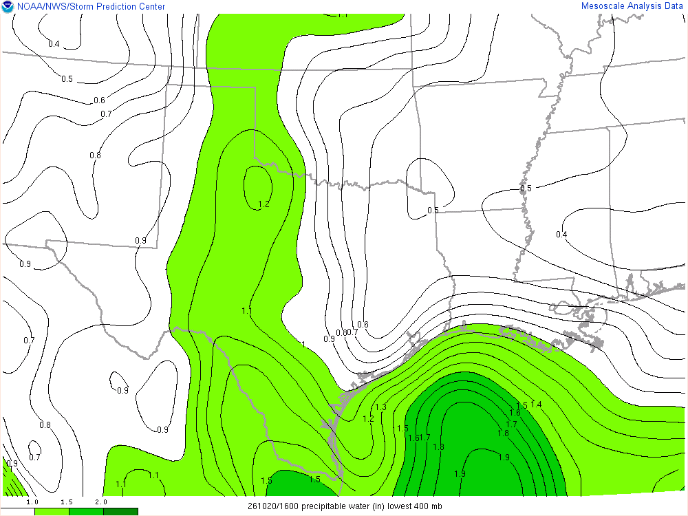 SPC mesoanalysis map, Precipitable water, Southern Plains region, analysis for 16Z. Its key and units are in SPC’s picture; what it shows is described beside it.