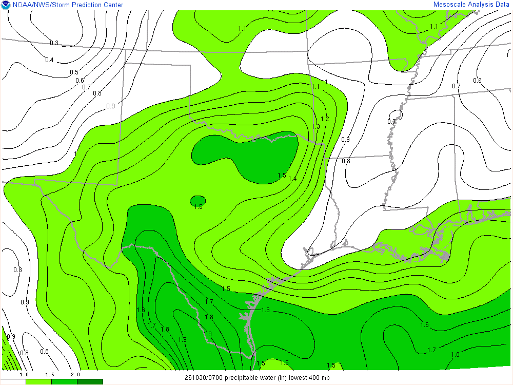 SPC mesoanalysis map, Precipitable water, Southern Plains region, analysis for 07Z. Its key and units are in SPC’s picture; what it shows is described beside it.