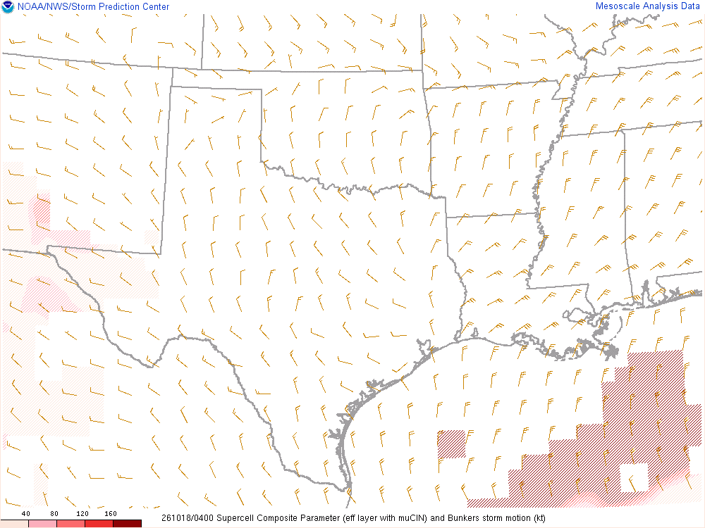 SPC mesoanalysis map, Supercell composite parameter, Southern Plains region, analysis for 04Z. Its key and units are in SPC’s picture; what it shows is described beside it.