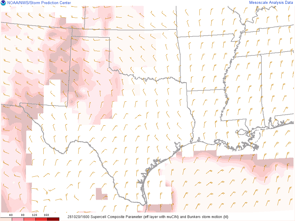 SPC mesoanalysis map, Supercell composite parameter, Southern Plains region, analysis for 16Z. Its key and units are in SPC’s picture; what it shows is described beside it.
