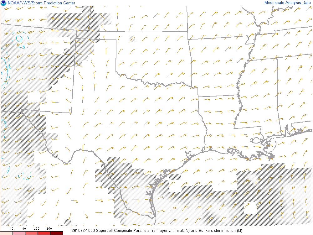 SPC mesoanalysis map, Supercell composite parameter, Southern Plains region, analysis for 16Z. Its key and units are in SPC’s picture; what it shows is described beside it.